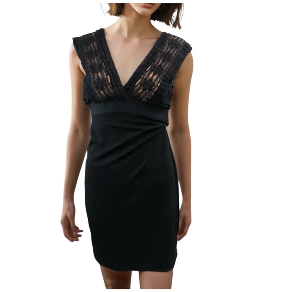 MAX STUDIO  Lace Bodice Evening Party Dress  V-neck Black w/beige lining sz med